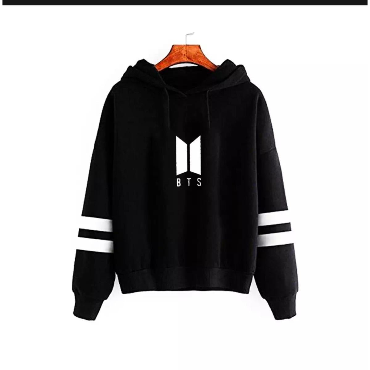 Black Bts Fleece Full Sleeves Pull Over Hoodie For Women - DENIMS - Hoodies & Sweatshirts - 