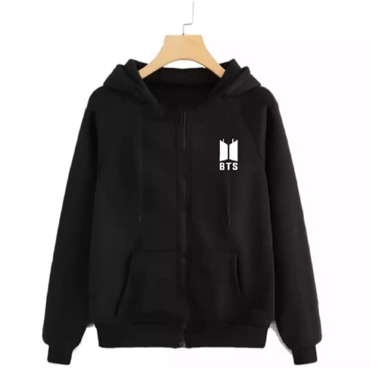 Black BTS Fleece Full Sleeves Zipper Hoodie For Women - DENIMS - Hoodies & Sweatshirts - 