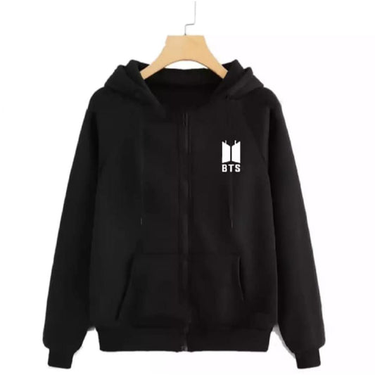 Black BTS Fleece Full Sleeves Zipper Hoodie For Women - DENIMS - Hoodies & Sweatshirts - 