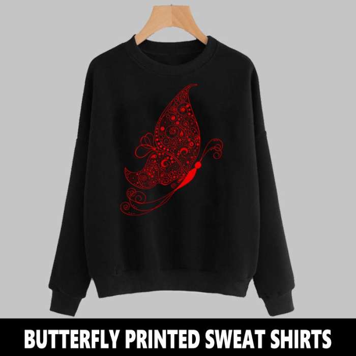 BLACK BUTTERFLY PRINTED SWEAT SHIRTS - DENIMS - Hoodies & Sweatshirts - 