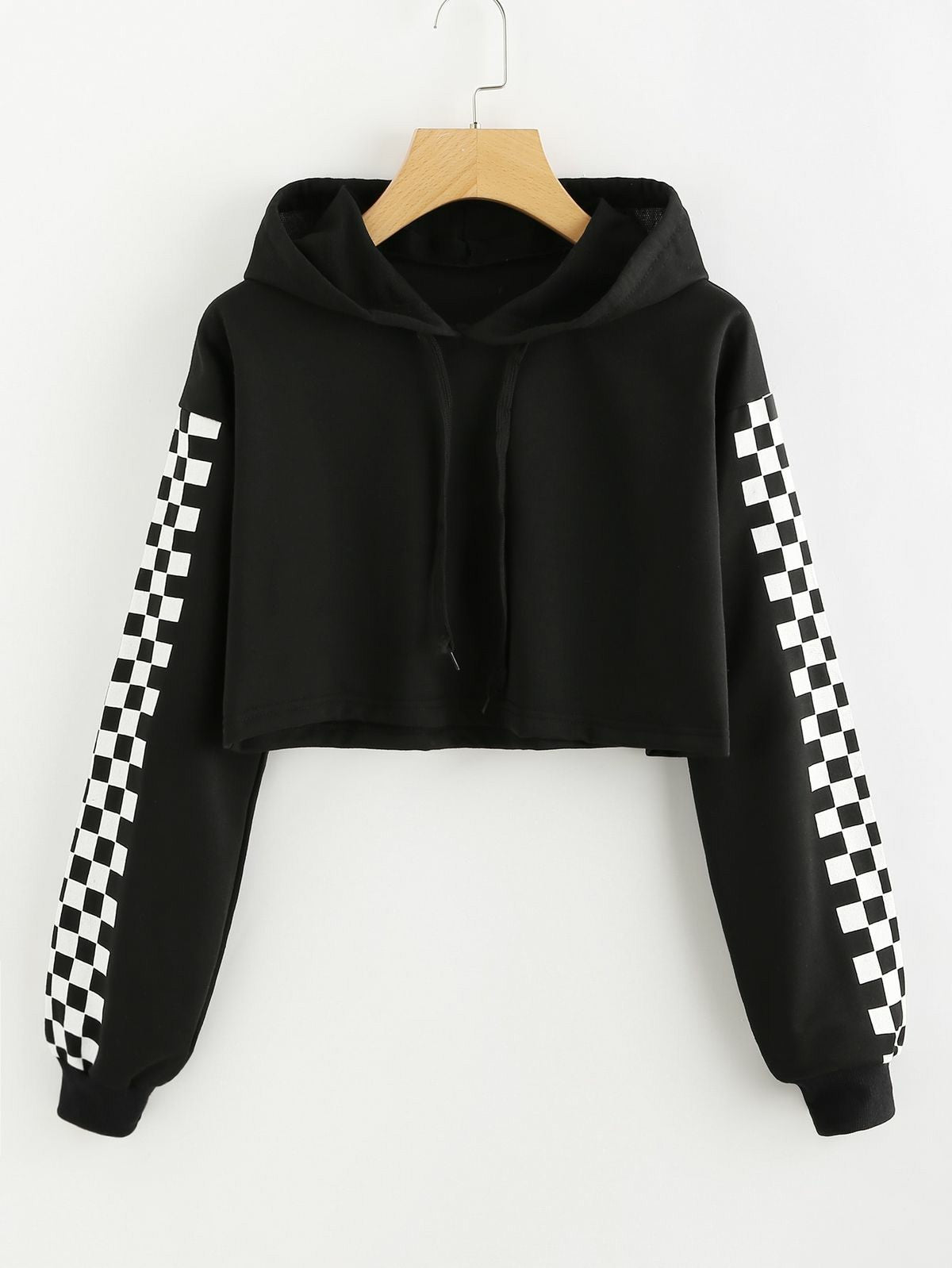 Black Checkered Fleece Full Sleeves Cropped Hoodie For Women - DENIMS - Hoodies & Sweatshirts - 