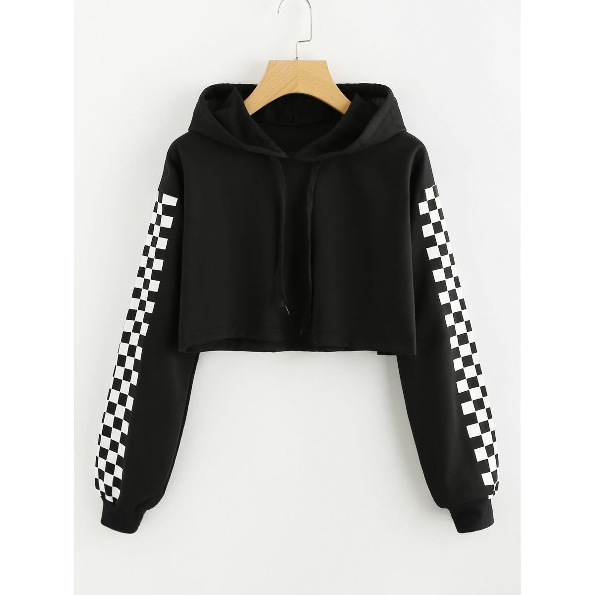 Black Checkered Fleece Full Sleeves Cropped Hoodie For Women - DENIMS - Hoodies & Sweatshirts - 