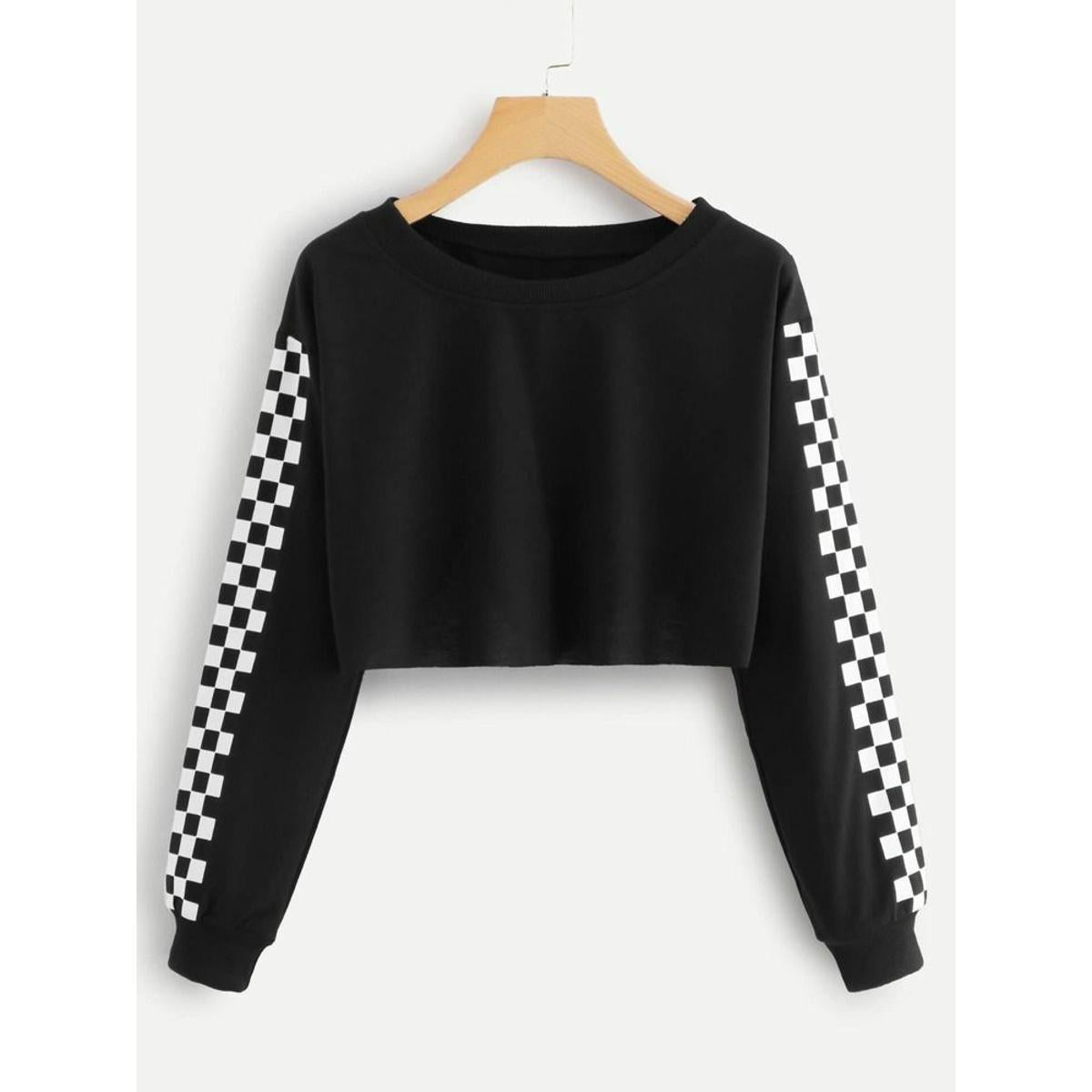 Black Checkered Fleece Full Sleeves Cropped Sweat Shirt For Women - DENIMS - Hoodies & Sweatshirts - 