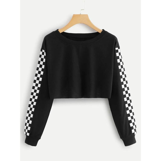 Black Checkered Fleece Full Sleeves Cropped Sweat Shirt For Women - DENIMS - Hoodies & Sweatshirts - 