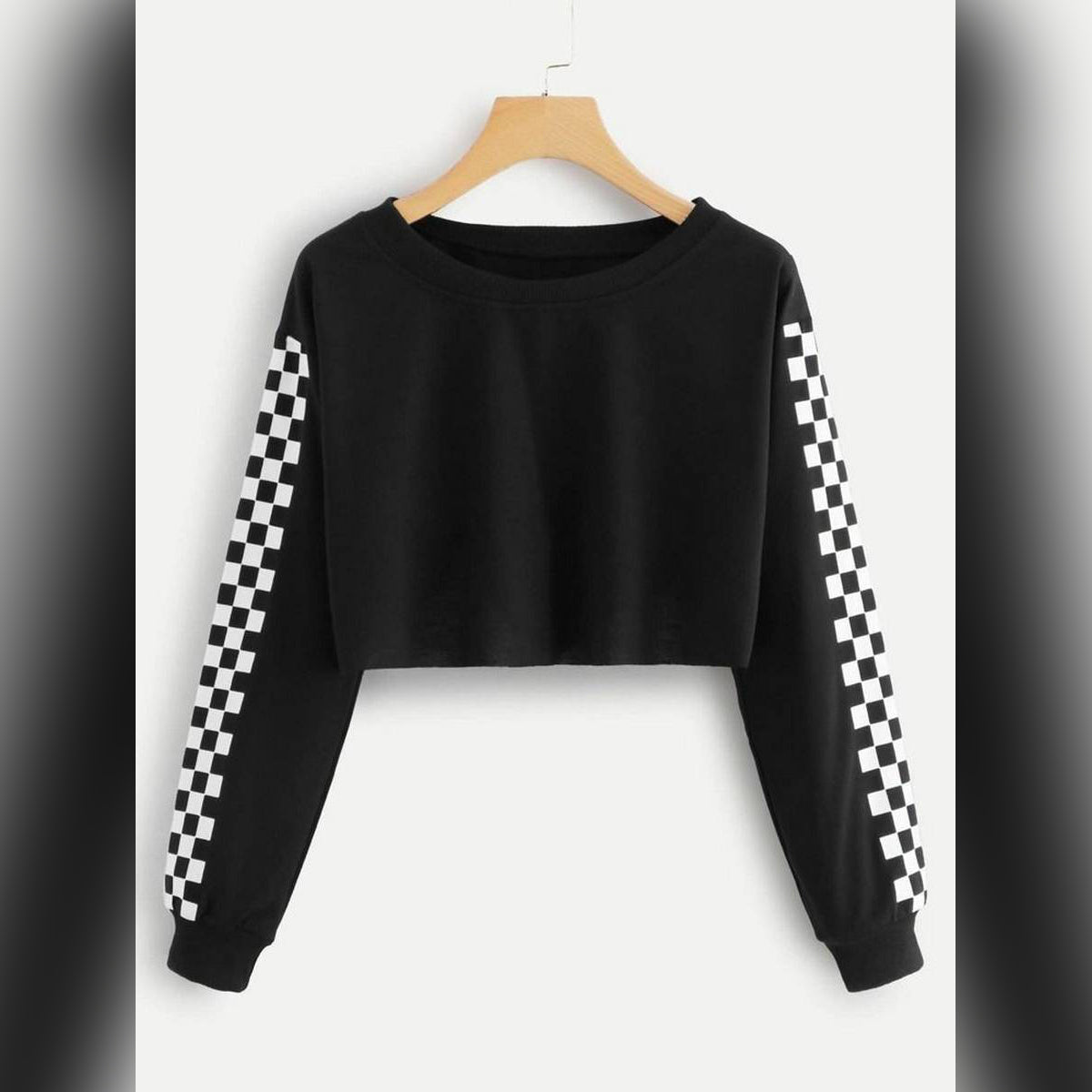 Black Checkered Fleece Full Sleeves Cropped Sweat Shirt For Women - DENIMS - Hoodies & Sweatshirts - 