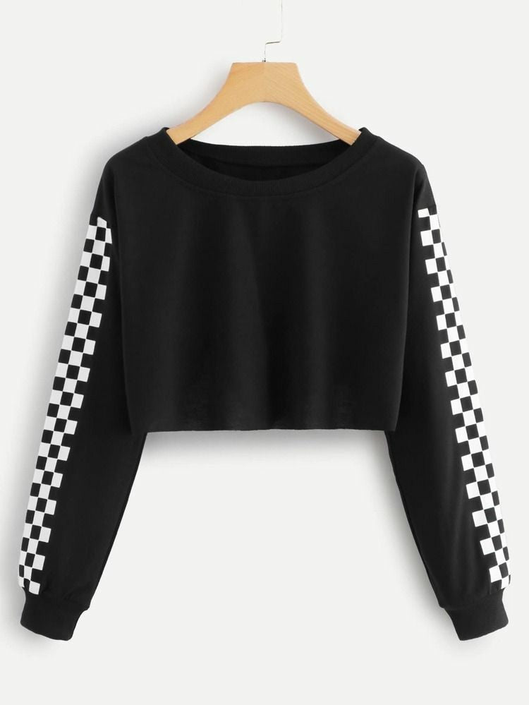 Black Checkered Fleece Full Sleeves Cropped Sweat Shirt For Women - DENIMS - Hoodies & Sweatshirts - 