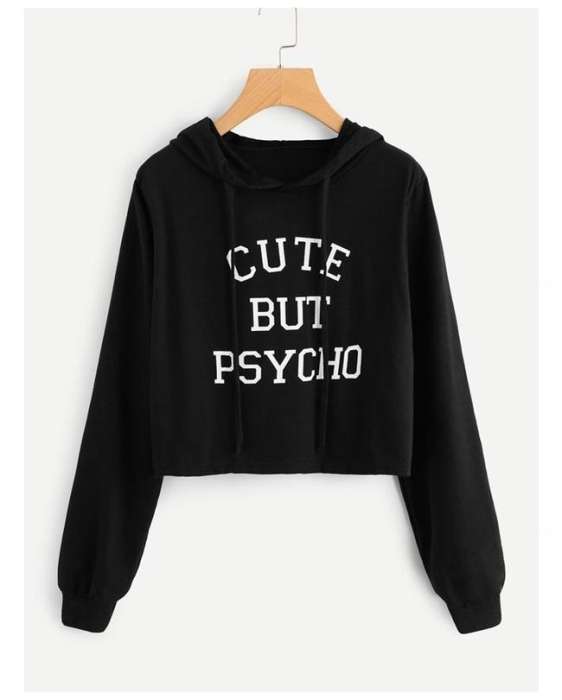 Black Cotton Crop Hoddie For Women - DENIMS - Hoodies & Sweatshirts - 