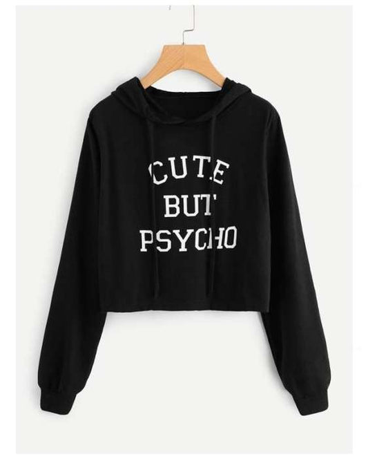 Black Cotton Crop Hoddie For Women - DENIMS - Hoodies & Sweatshirts - 