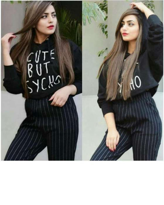 BLACK CUTE BUT PSYCHO CROPPED HOODIE FOR WOMEN - DENIMS - Hoodies & Sweatshirts - 