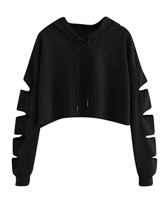 BLACK DAMAGE CROPPED HOODIE FOR womens - DENIMS - Hoodies & Sweatshirts - 