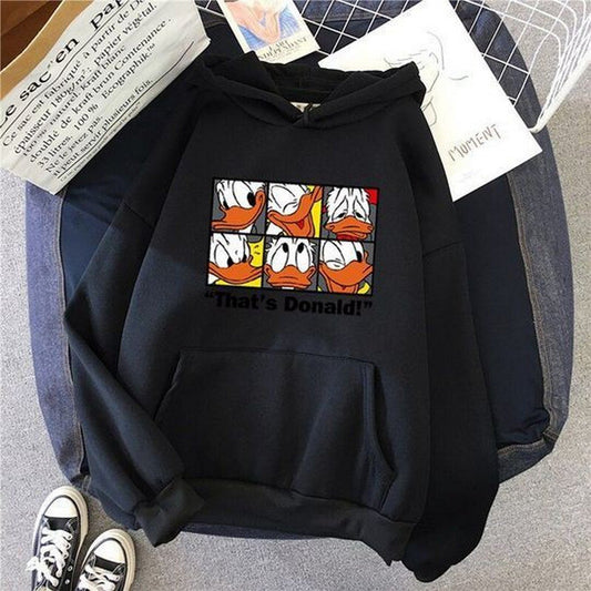 Black Donald Duck Printed Fleece Full Sleeves Pull Over Sweatshirt For Women - DENIMS - Hoodies & Sweatshirts - 