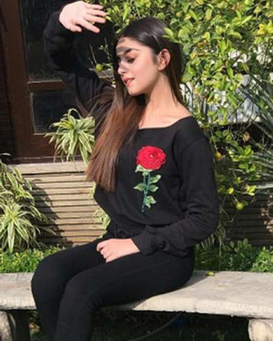 BLACK EMBROIDERY FLOWER PATCHES CROPPED SWEATSHIRT FOR womens 337 - DENIMS - Hoodies & Sweatshirts - 