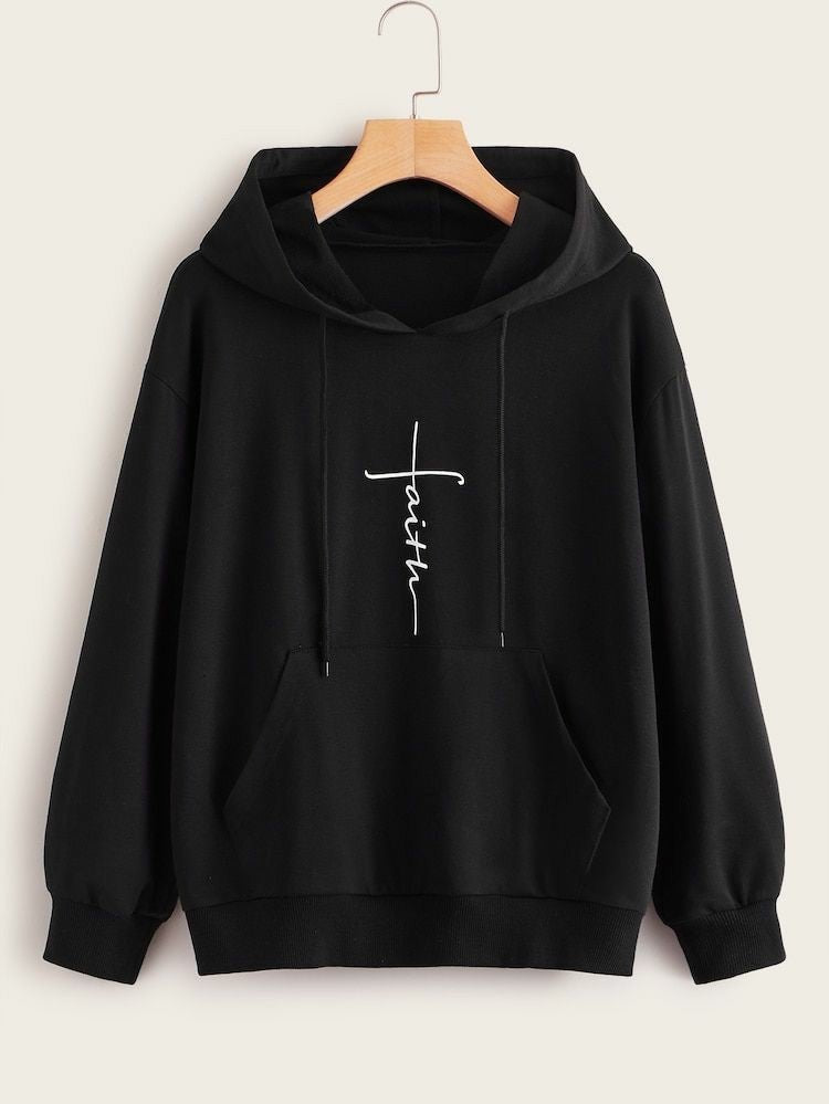 Black Faith Printed Fleece Full Sleeves Pull Over Hoodie - DENIMS - Hoodies & Sweatshirts - 