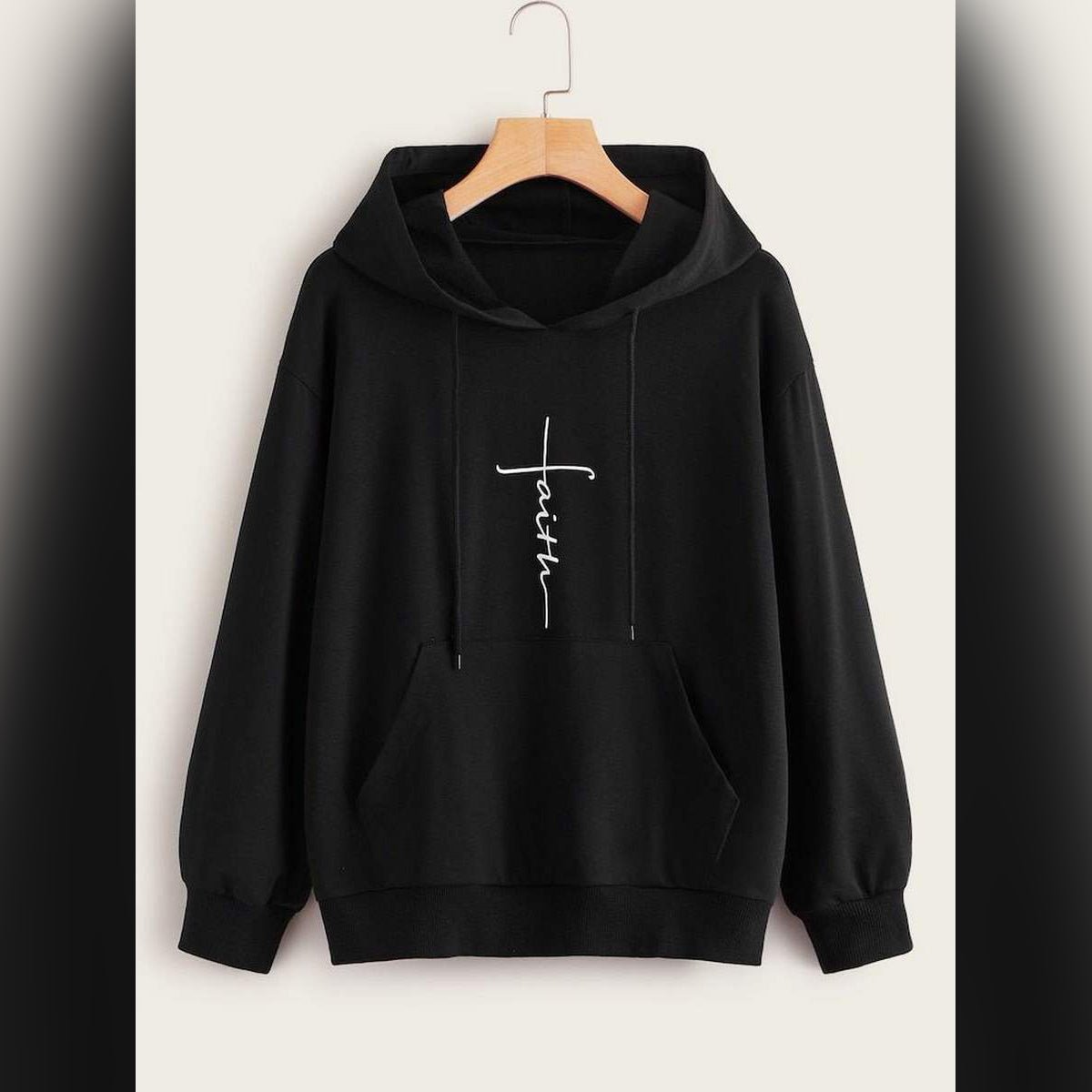 Black Faith Printed Fleece Full Sleeves Pull Over Hoodie - DENIMS - Hoodies & Sweatshirts - 