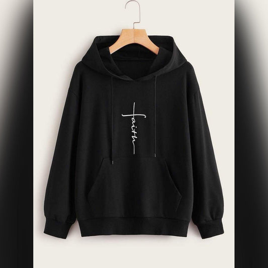 Black Faith Printed Fleece Full Sleeves Pull Over Hoodie - DENIMS - Hoodies & Sweatshirts - 
