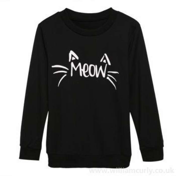 Black Fleece Meow Printed Sweat Shirt for Women - DENIMS - Hoodies & Sweatshirts - 