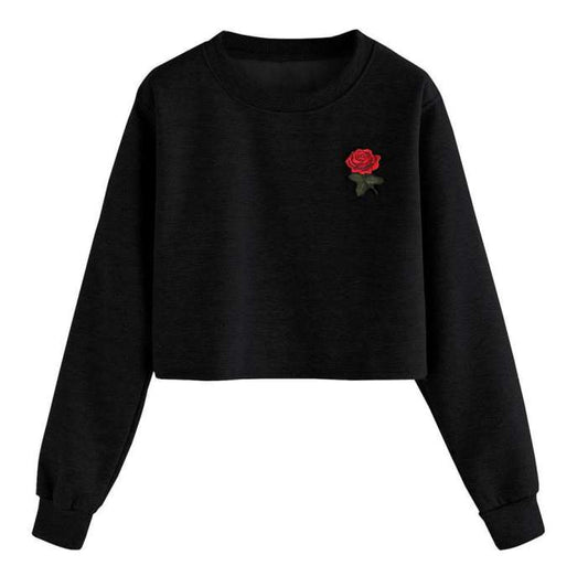 Black Fleece Rose Printed Cropped Sweat Shirt for Women - DENIMS - Hoodies & Sweatshirts - 