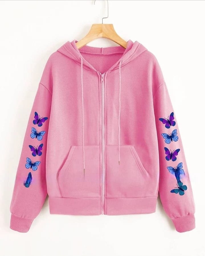 Black Flower Fleece Full Sleeves Zipper Hoodie For Women - DENIMS - Hoodies & Sweatshirts - 