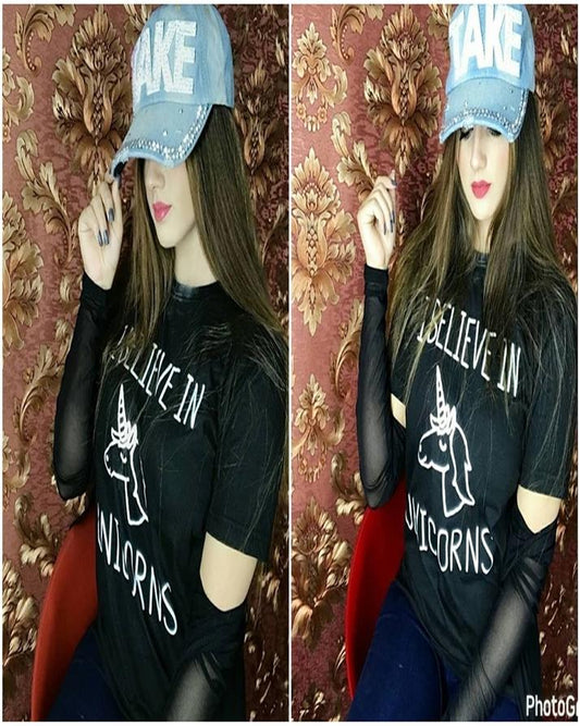 Black I Belive in Unicorn Printed T - Shirt For Women - DENIMS - Tops & T - Shirts - 
