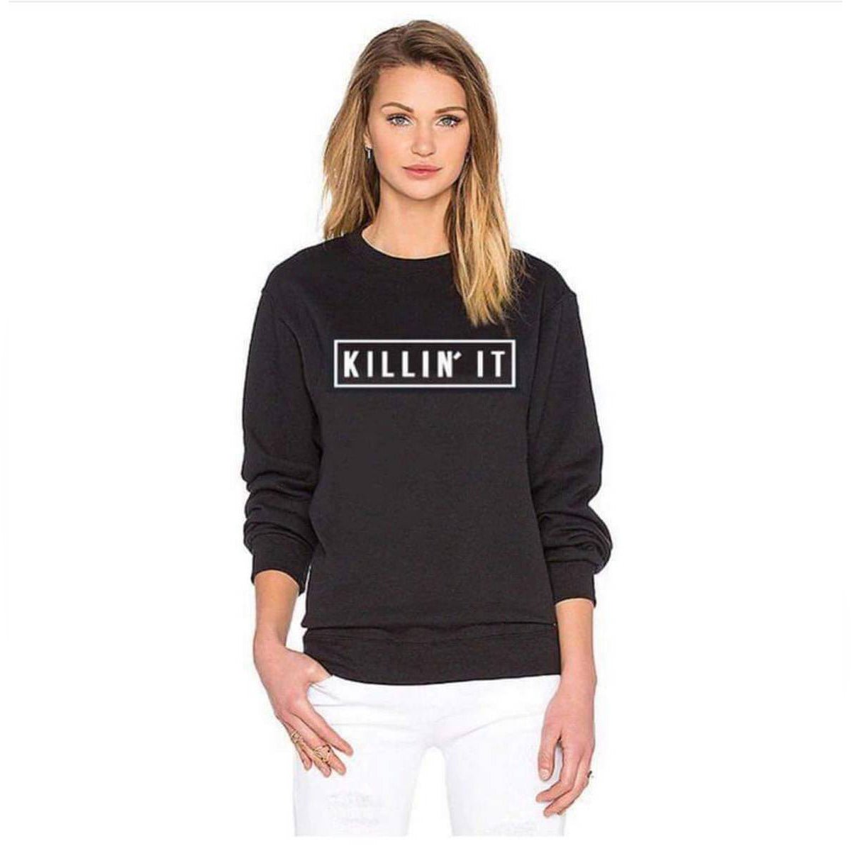 Black Killin It Fleece Full Sleeves Pull Over Sweatshirt For Women - DENIMS - Hoodies & Sweatshirts - 