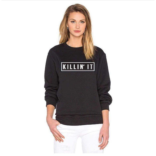 Black Killin It Fleece Full Sleeves Pull Over Sweatshirt For Women - DENIMS - Hoodies & Sweatshirts - 