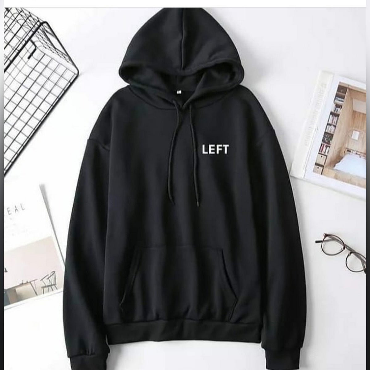 Black Left Fleece Full Sleeves Pull Over Hoodie For Women And Men - DENIMS - Hoodies & Sweatshirts - 