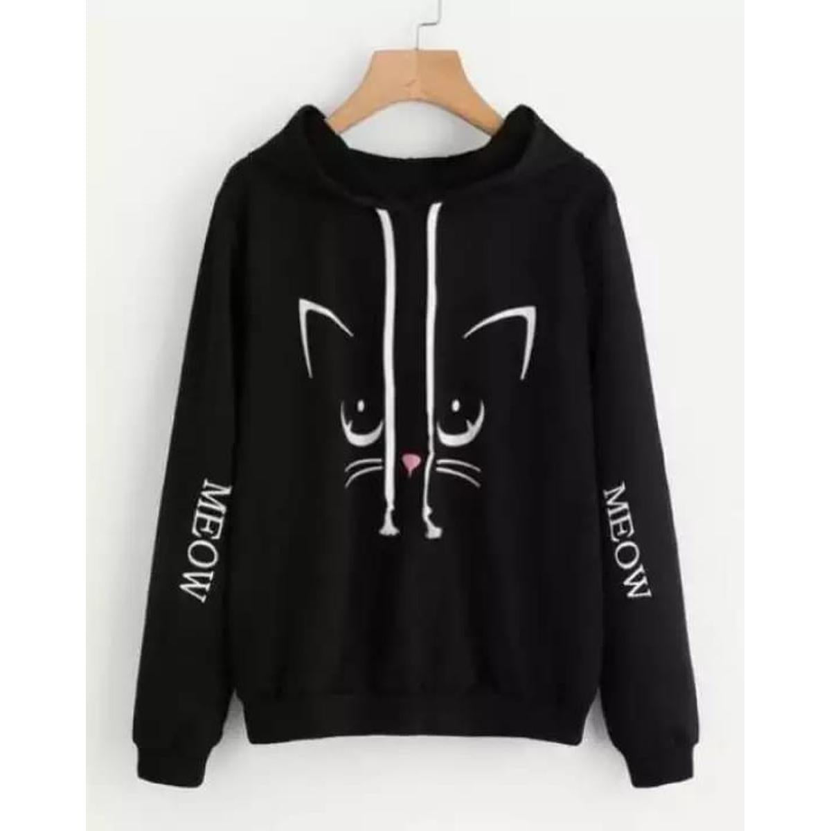 Black Meow Fleece Full Sleeves Pull Over Hoodie For Women - DENIMS - Hoodies & Sweatshirts - 