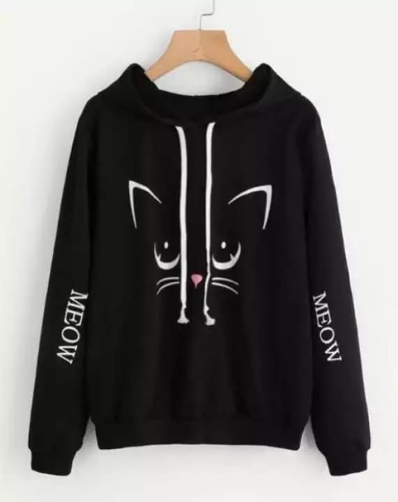 Black Meow Fleece Full Sleeves Pull Over Hoodie For Women - DENIMS - Hoodies & Sweatshirts - 