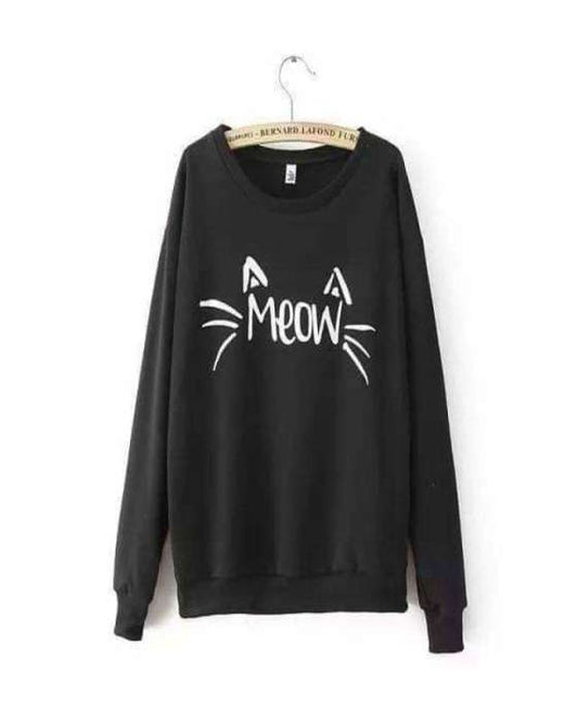 Black Meow Printed Sweat Shirt For Women - DENIMS - Hoodies & Sweatshirts - 