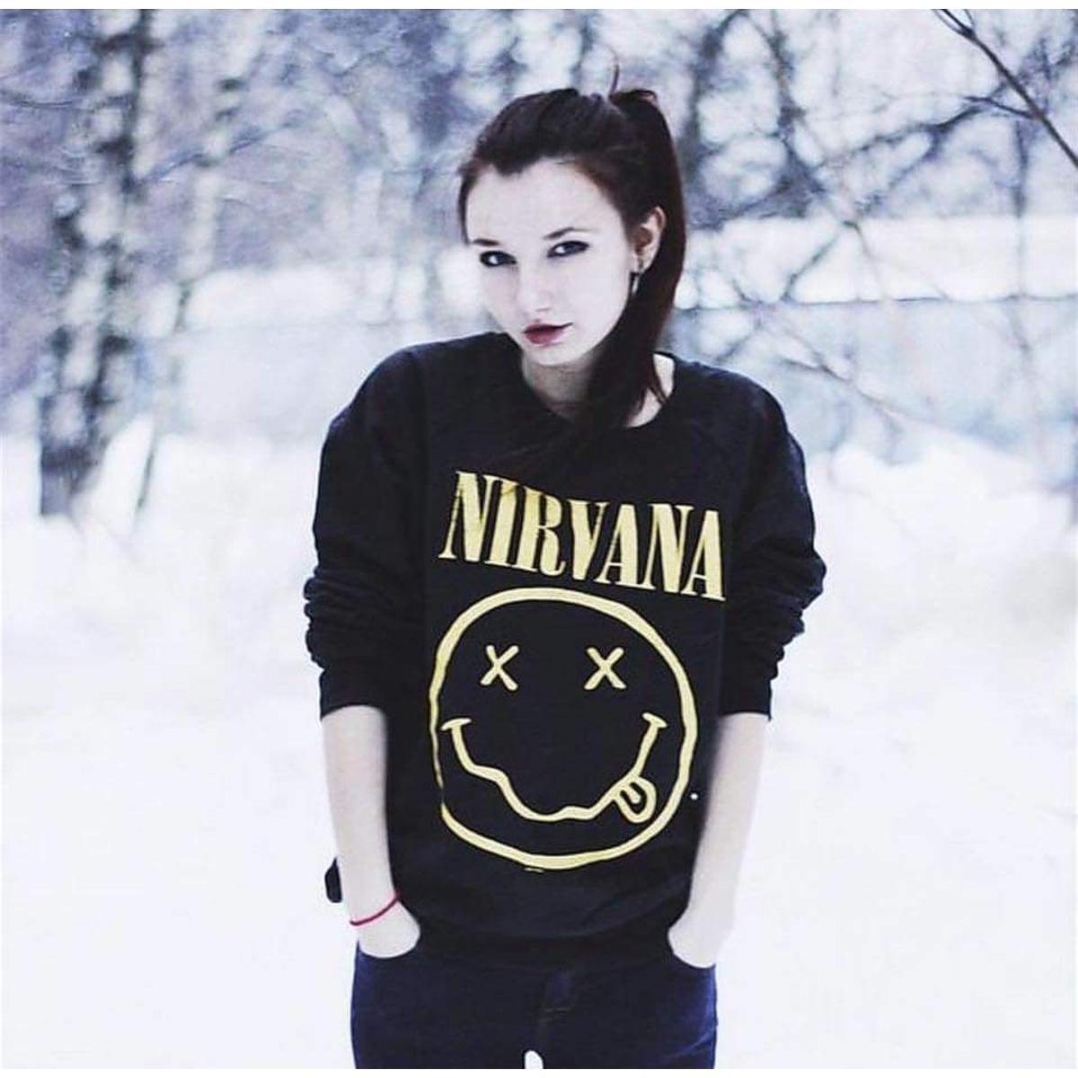 Black Nirvana Fleece Full Sleeves Pull Over Sweatshirt For Women - DENIMS - Hoodies & Sweatshirts - 