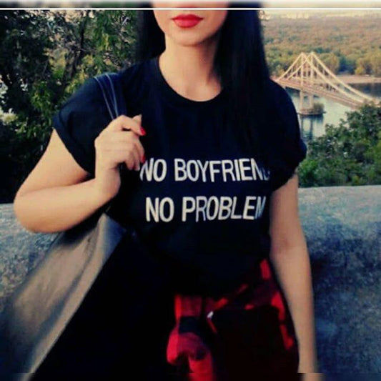 Black No Boy Friend No Problem Cotton Printed T - Shirt For Women - DENIMS - Tops & T - Shirts - 