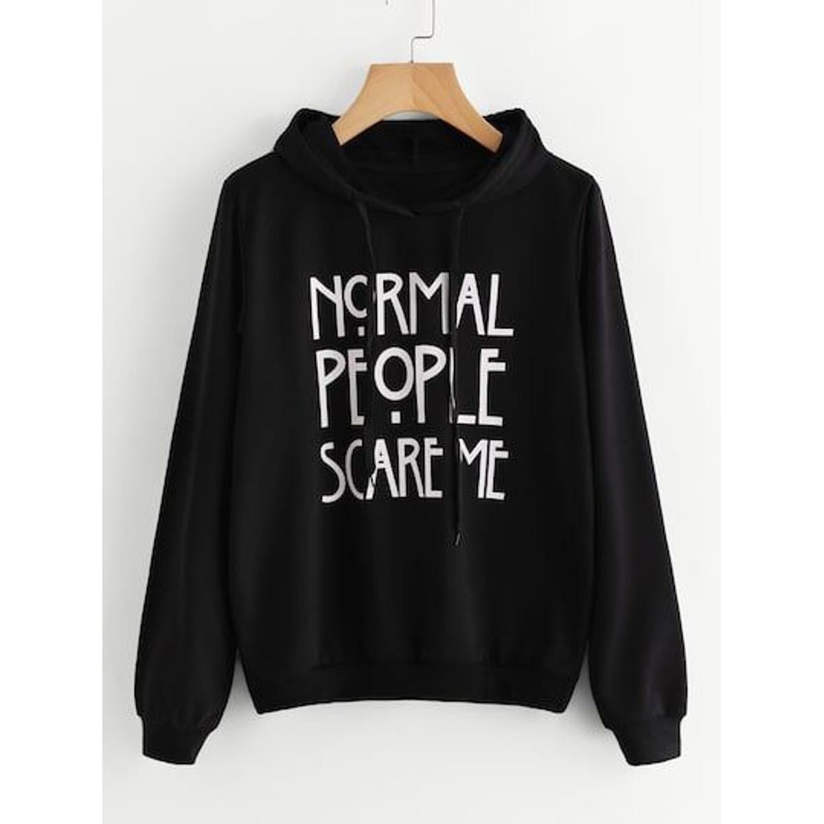 Black Normal People Scare Me Printed Fleece Full Sleeves Pull Over Hoodie For Women - DENIMS - Hoodies & Sweatshirts - 