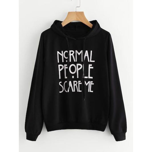 Black Normal People Scare Me Printed Fleece Full Sleeves Pull Over Hoodie For Women - DENIMS - Hoodies & Sweatshirts - 