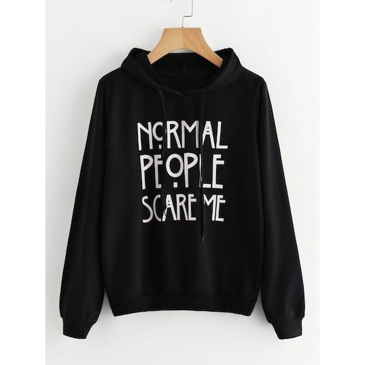Black Normal People Scare Me Printed Fleece Full Sleeves Pull Over Hoodie For Women - DENIMS - Hoodies & Sweatshirts - 