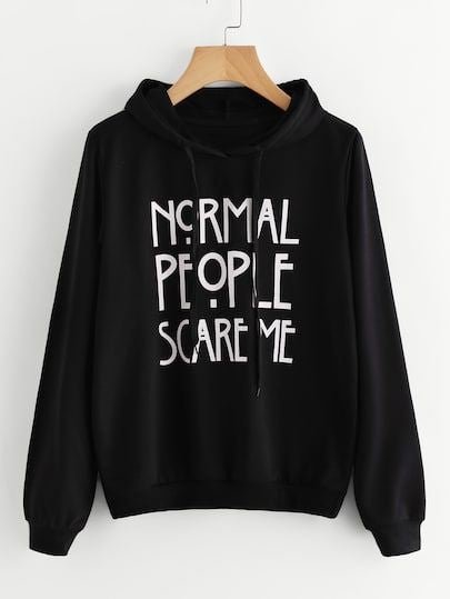 Black Normal People Scare Me Printed Fleece Full Sleeves Pull Over Hoodie For Women - DENIMS - Hoodies & Sweatshirts - 
