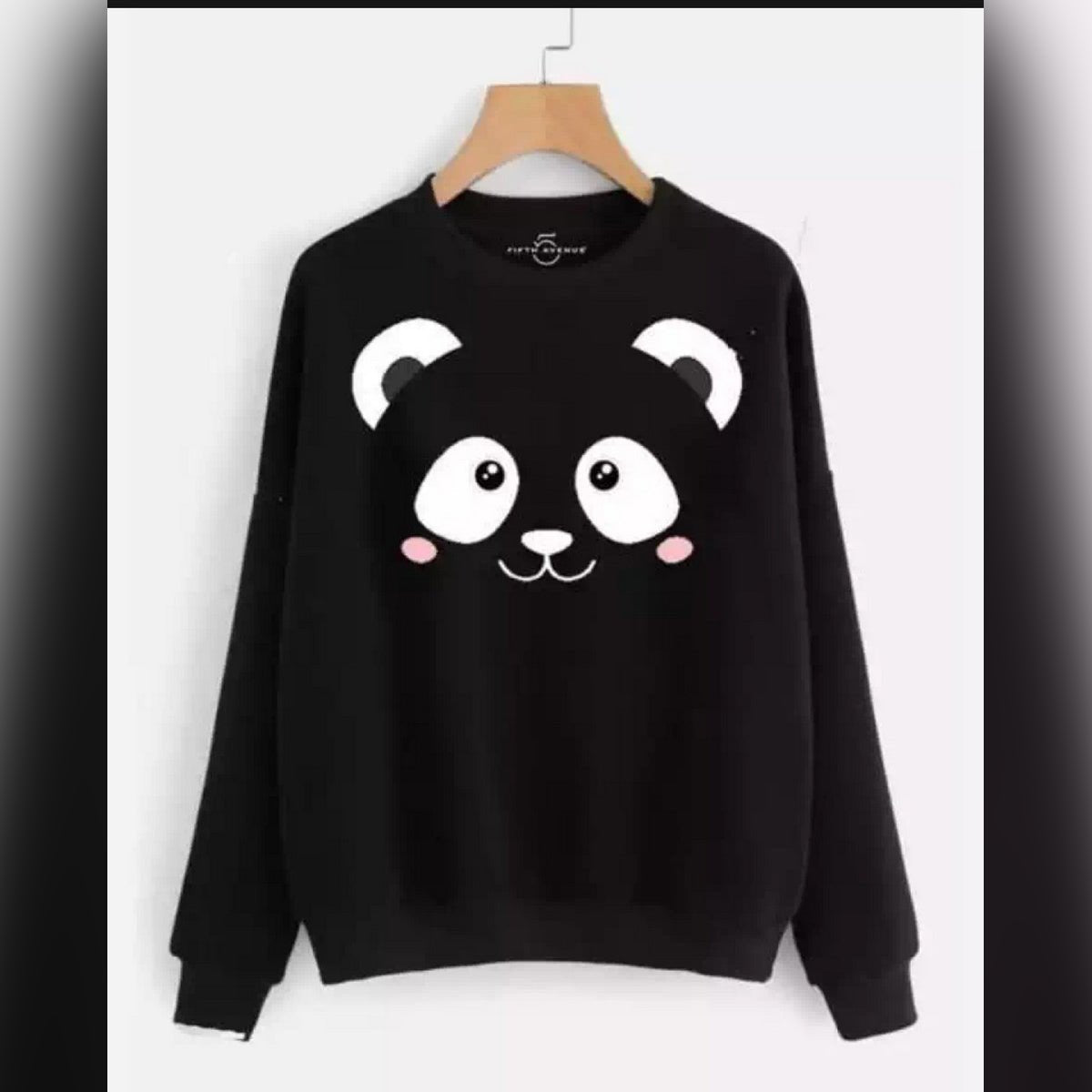 Black Panda Printed Fleece Full Sleeves Pull Over Sweatshirt For Women - DENIMS - Hoodies & Sweatshirts - 