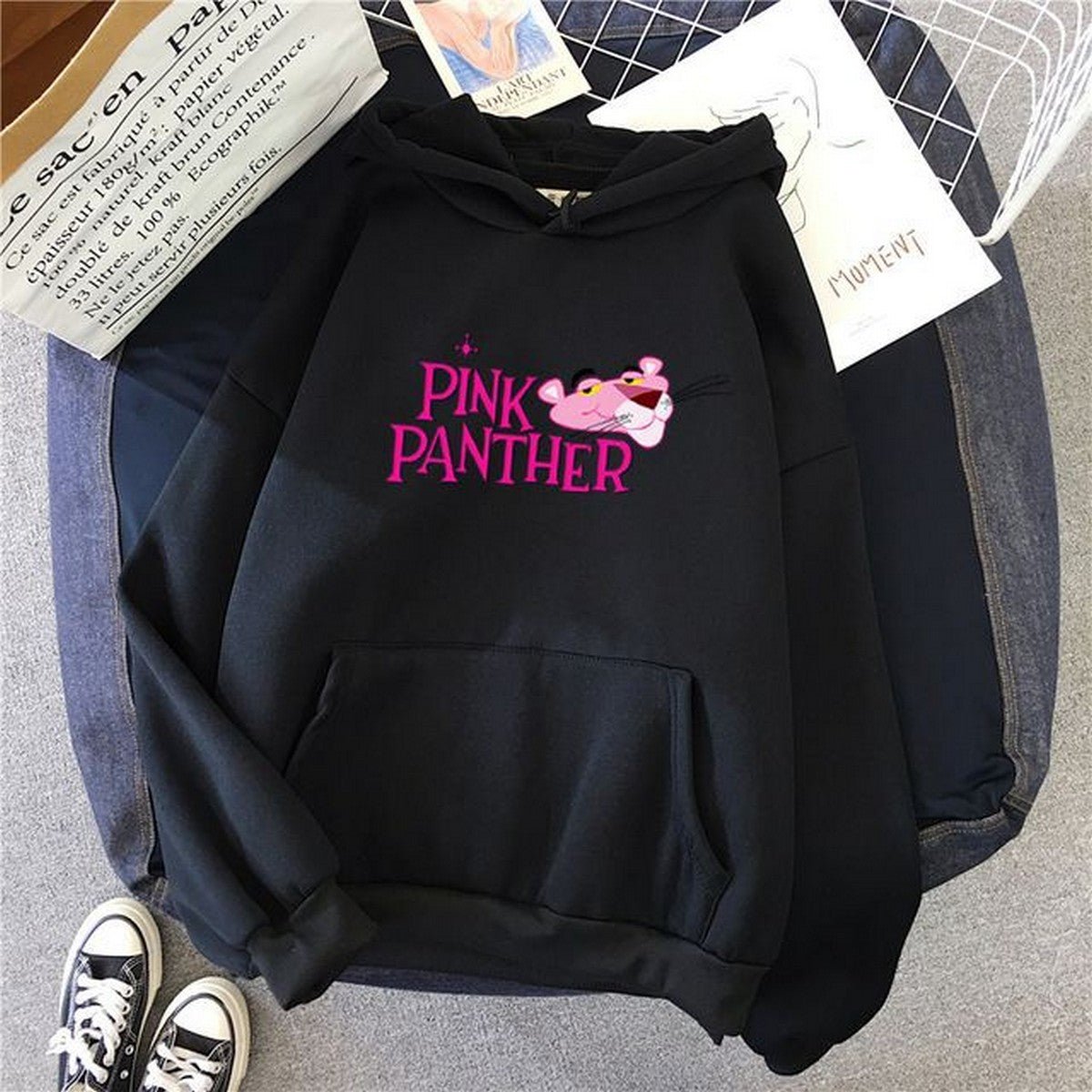 Black Pink Panther Printed Fleece Full Sleeves Pull Over Sweatshirt For Women - DENIMS - Hoodies & Sweatshirts - 