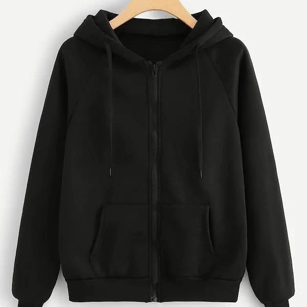 Black Plain Fleece Full Sleeves Zipper Hoodie For Women - DENIMS - Hoodies & Sweatshirts - 