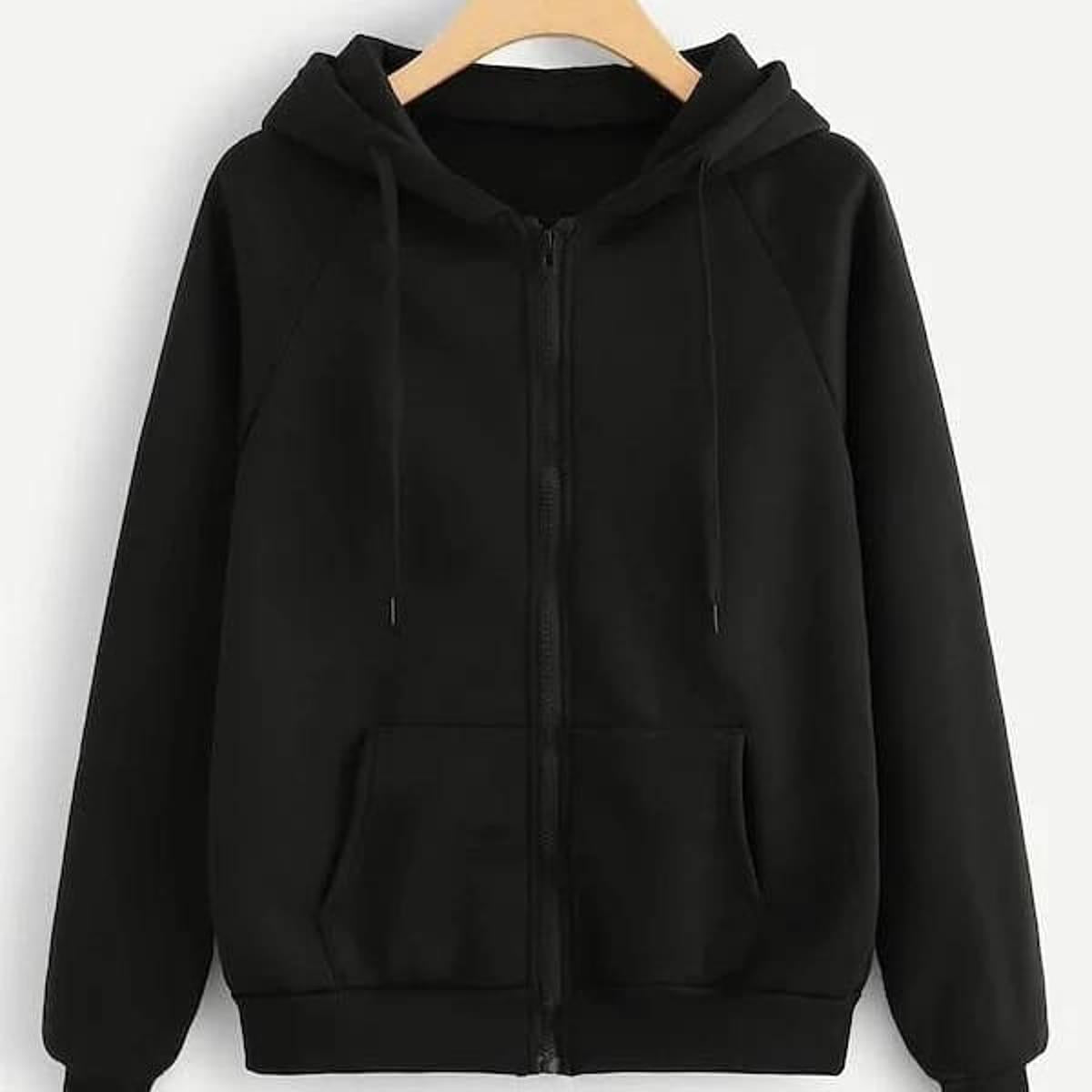 Black Plain Fleece Full Sleeves Zipper Hoodie For Women - DENIMS - Hoodies & Sweatshirts - 