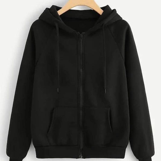 Black Plain Fleece Full Sleeves Zipper Hoodie For Women - DENIMS - Hoodies & Sweatshirts - 