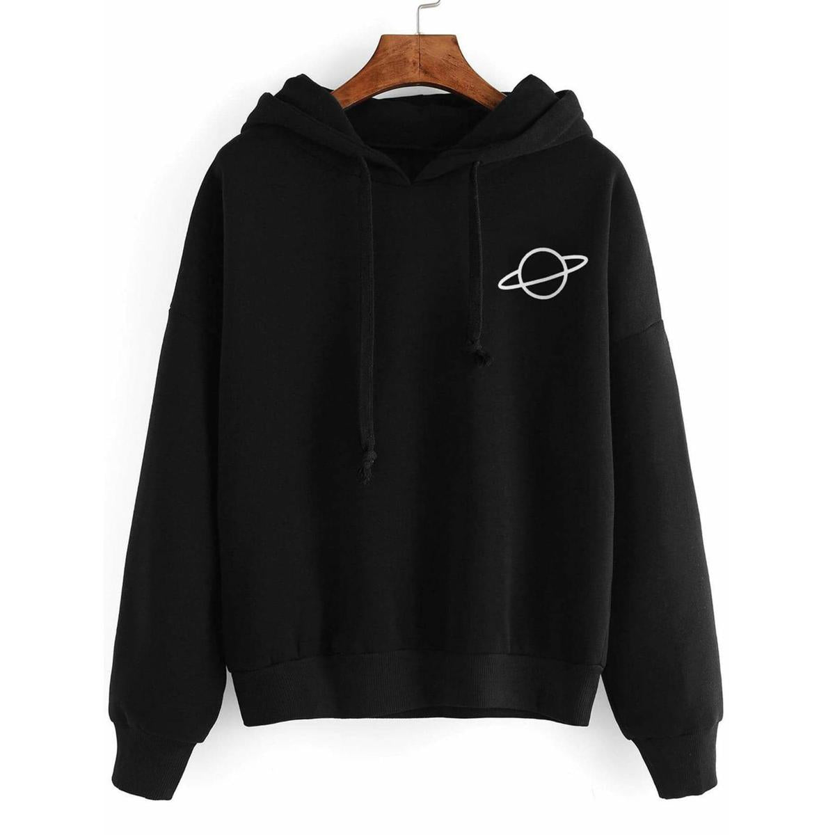 Black Planet Printed Fleece Full Sleeves Pull Over Hoodie For Women - DENIMS - Hoodies & Sweatshirts - 