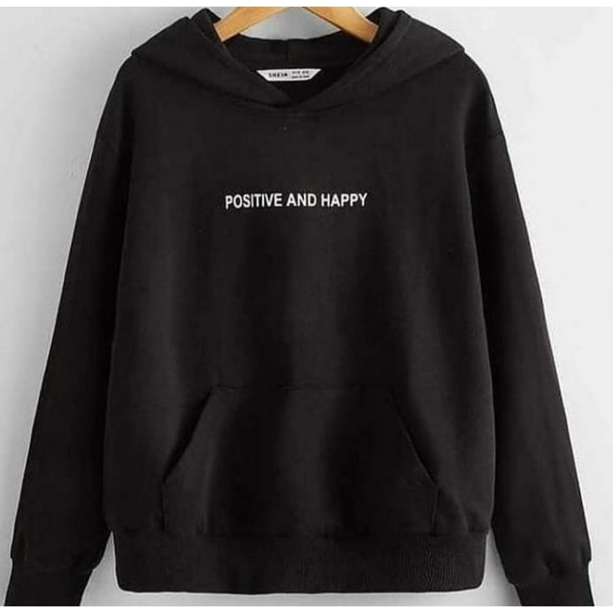 Black Positive And Happy Fleece Full Sleeves Pull Over Hoodie For Women - DENIMS - Hoodies & Sweatshirts - 