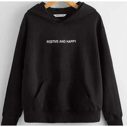 Black Positive And Happy Fleece Full Sleeves Pull Over Hoodie For Women - DENIMS - Hoodies & Sweatshirts - 