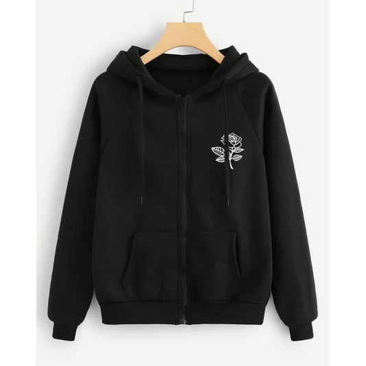 Black Rose Fleece Full Sleeves Zipper Hoodie For Women - DENIMS - Hoodies & Sweatshirts - 