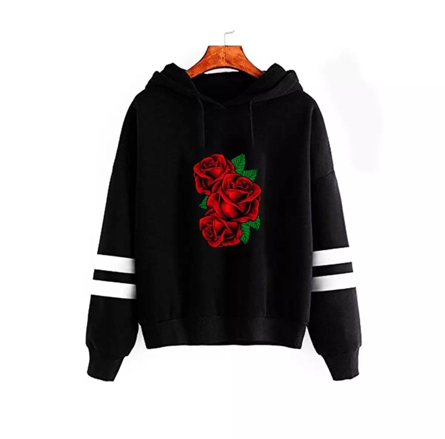 Black Roses Fleece Full Sleeves Pull Over Hoodie For Women - DENIMS - Hoodies & Sweatshirts - 