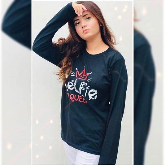 Black Selfie Queen Printed T - shirt For Womens - DENIMS - Tops & T - Shirts - 