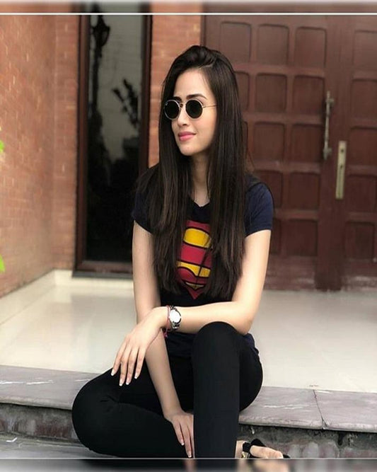 Black Super Girl Cotton Printed T - Shirt for Women - DENIMS - Tops & T - Shirts - 