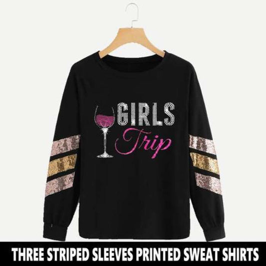 BLACK THREE STRIPED SLEEVES PRINTED SWEAT SHIRTS ( TRIP) - DENIMS - Hoodies & Sweatshirts - 