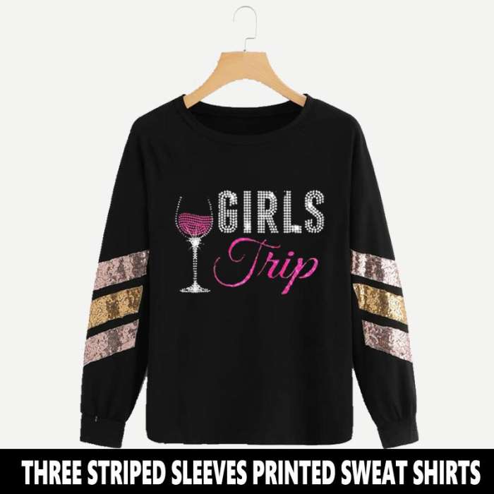 BLACK THREE STRIPED SLEEVES PRINTED SWEAT SHIRTS ( TRIP PRINT ) - DENIMS - Hoodies & Sweatshirts - 