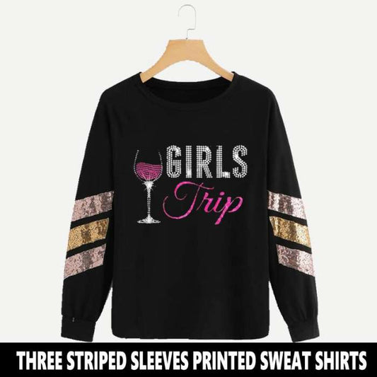 BLACK THREE STRIPED SLEEVES PRINTED SWEAT SHIRTS ( TRIP PRINT ) - DENIMS - Hoodies & Sweatshirts - 